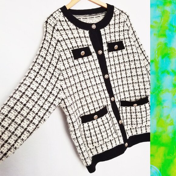 Oversized Tweed Textured Knit Cardigan Jacket Sweater OS Chunky Knit Pockets - Picture 10 of 16